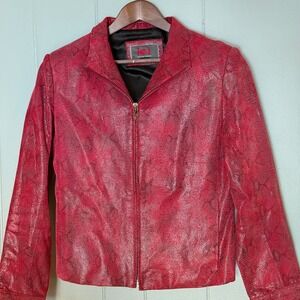 Genuine Leather Snakeskin Embossed Red Zip Jacket Y2K Indie Moto L